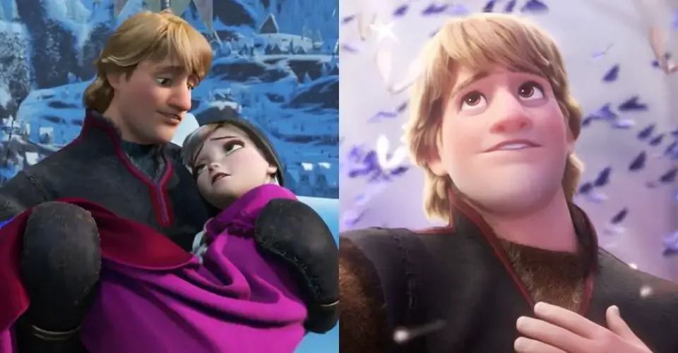 Side by side images of Kristoff from Frozen holding Anna and looking up with his hand on his chest 15 Disney Men to Swoon Over!
