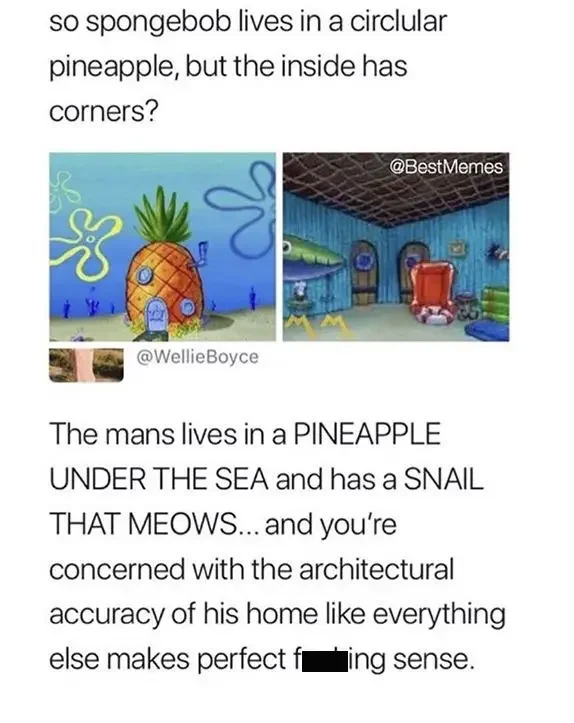 and concerned with architectural accuracy his home like everything else makes perfect fing sense 250+ SpongeBob Memes of All Time