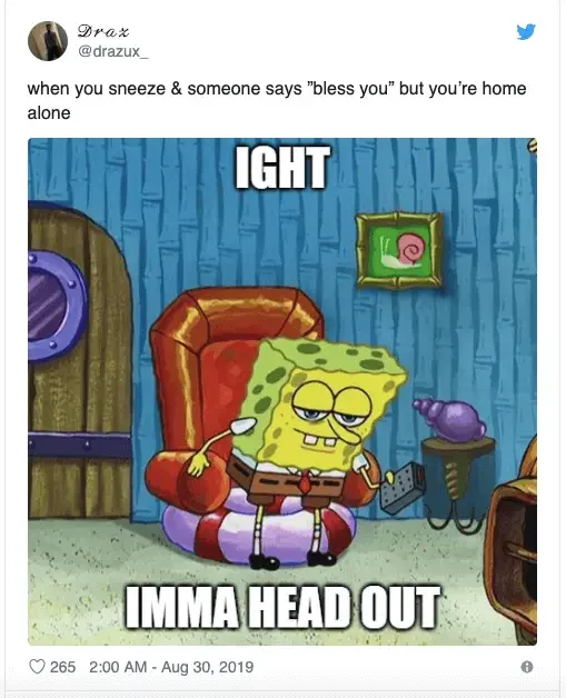 drazux sneeze someone says bless but home alone ight imma head out 265 200 am aug 30 2019 1910 250+ SpongeBob Memes of All Time
