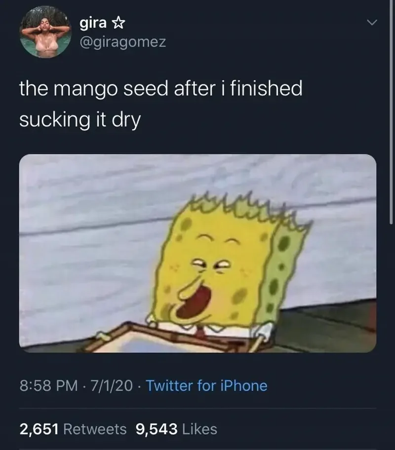 giragomez mango seed after finished sucking dry 858 pm 7120 twitter iphone 2651 retweets 9543 likes 250+ SpongeBob Memes of All Time