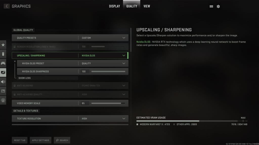 NVIDIA DLSS setting in Modern Warfare 2's graphics menus